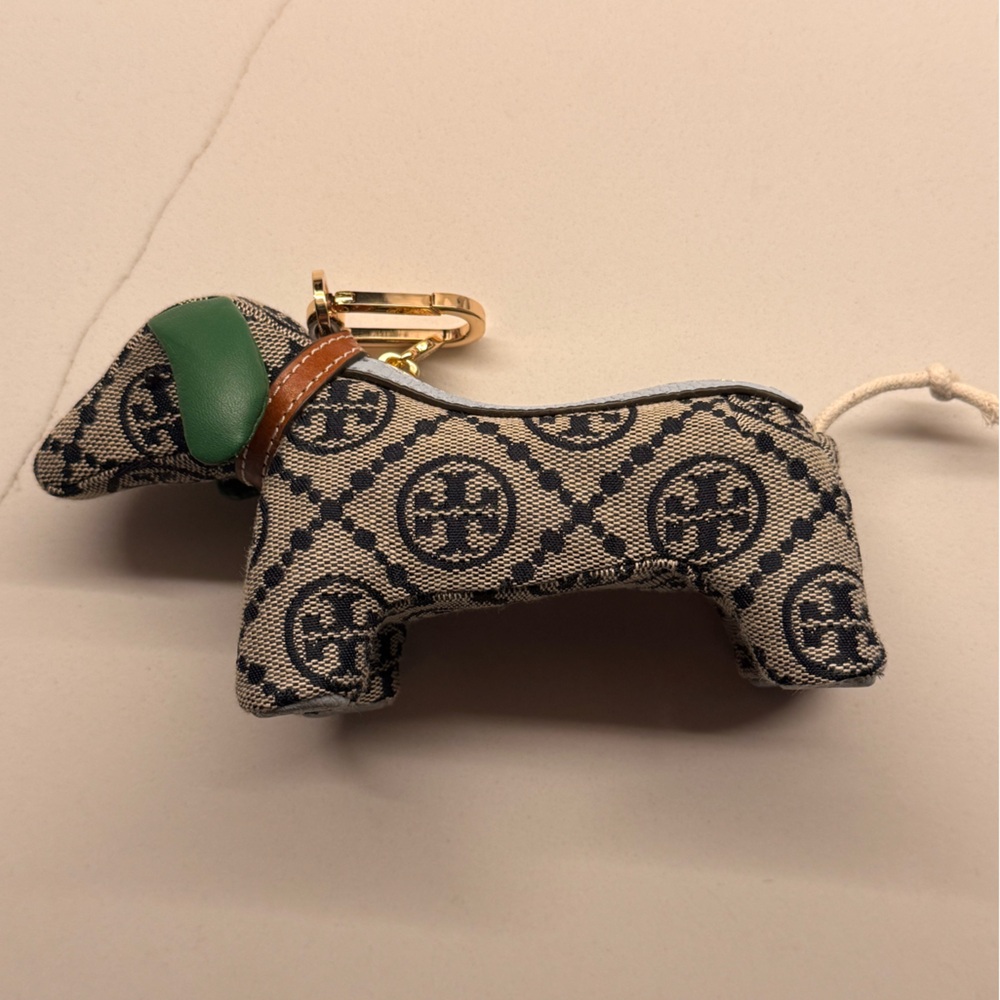 Tory Burch Patterned Dog Keychain with Green and Gold Accents